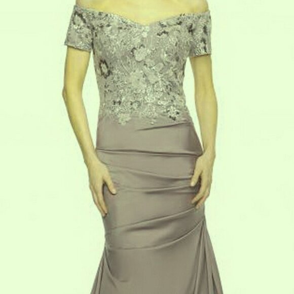 La Femme Silver Floral Beaded Embroidered Off the Shoulder Mermaid Gown - Picture 5 of 5